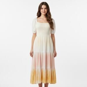 Storia Ombre Tiered Midi Dress Pastel Yellow Smocked Small Cottagecore Spring